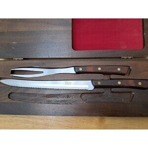 Utica Tungsten Stainless Steel Meat Fork & Serrated Carving Knife in Walnut Box